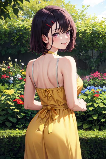 07217-504065729-masterpiece, best quality, absurdres, perfect anatomy, MikazukiShizuka, hairclip, from behind, (yellow sundress), garden, day, s.png